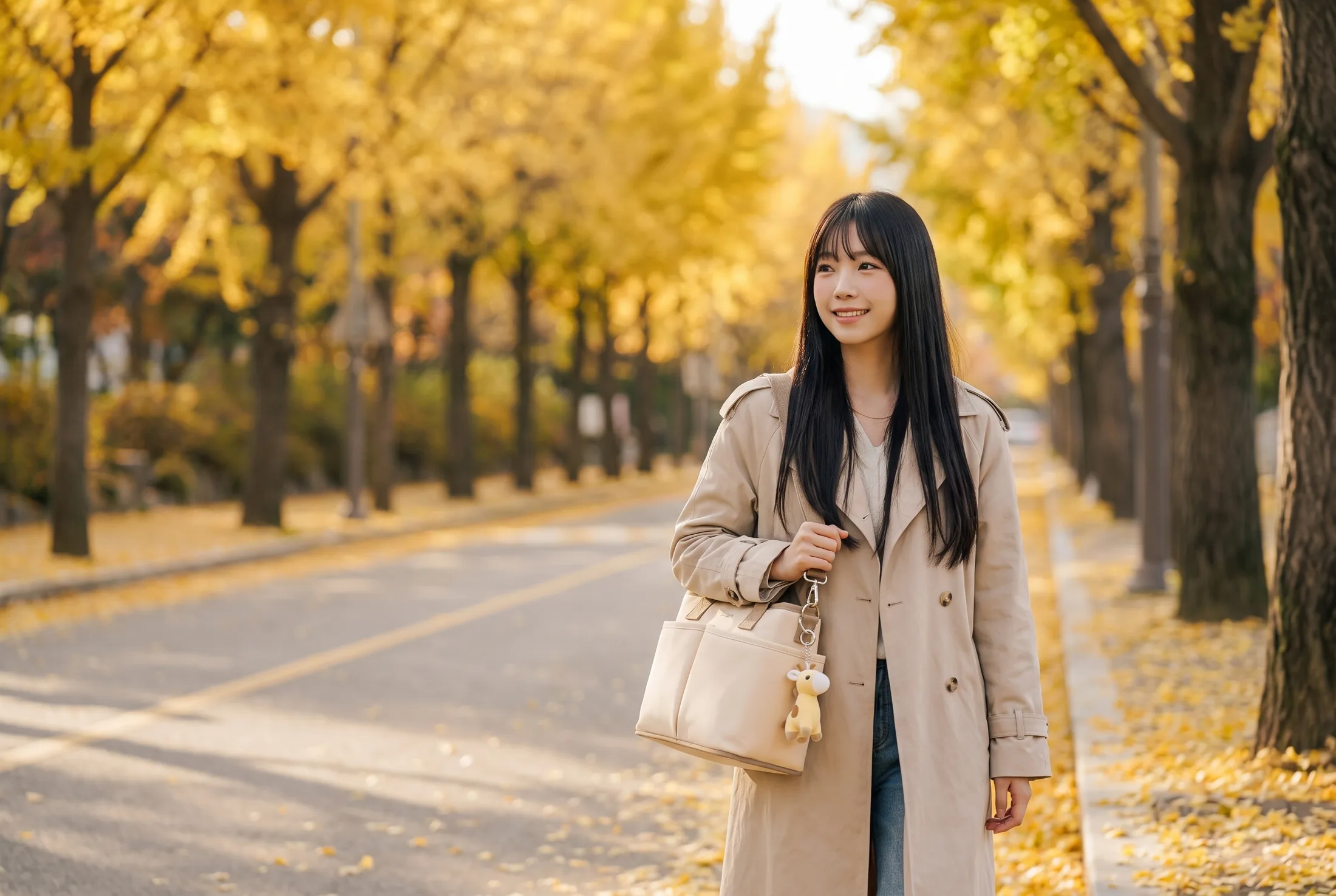 베베슬 토트백을 어깨에 메고 은행나무 길을 걷는 엄마